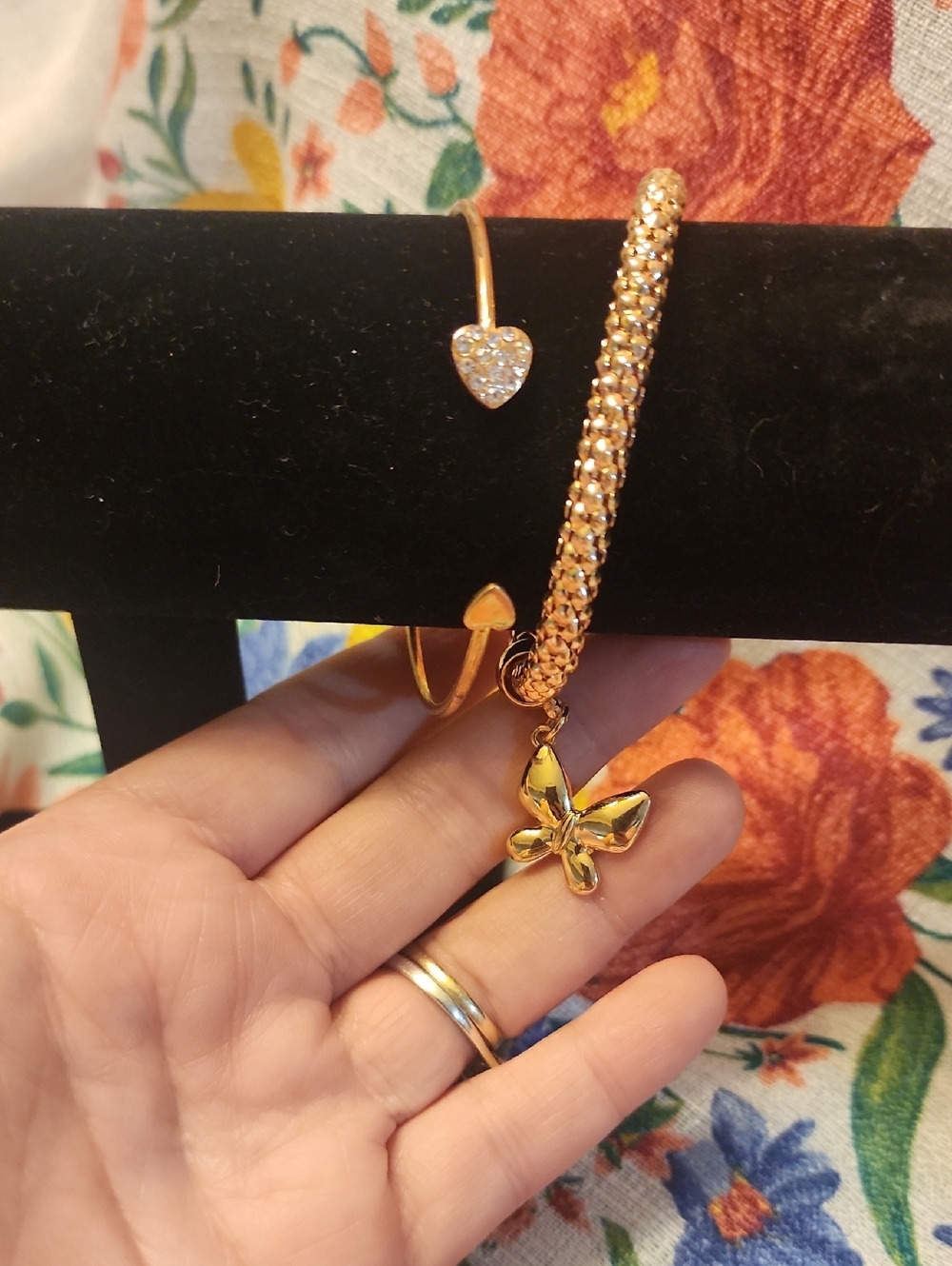 Gold Butterfly Charm Bracelet and Heart Cuff Set - Women Jewelry